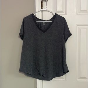 V-neck, short-sleeved, dark gray shirt